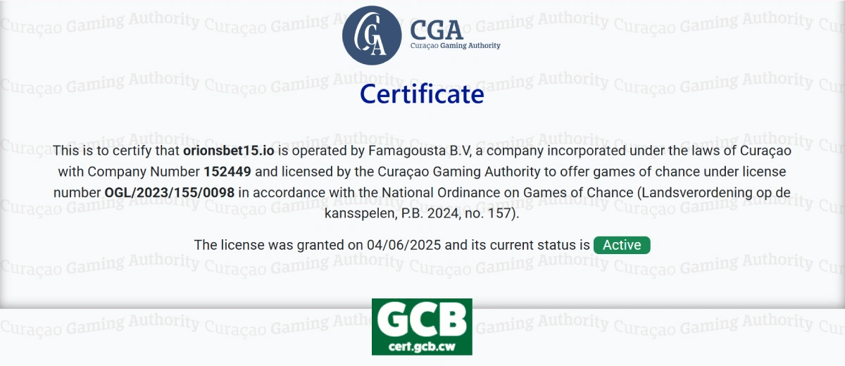 orionsbet casino certificate